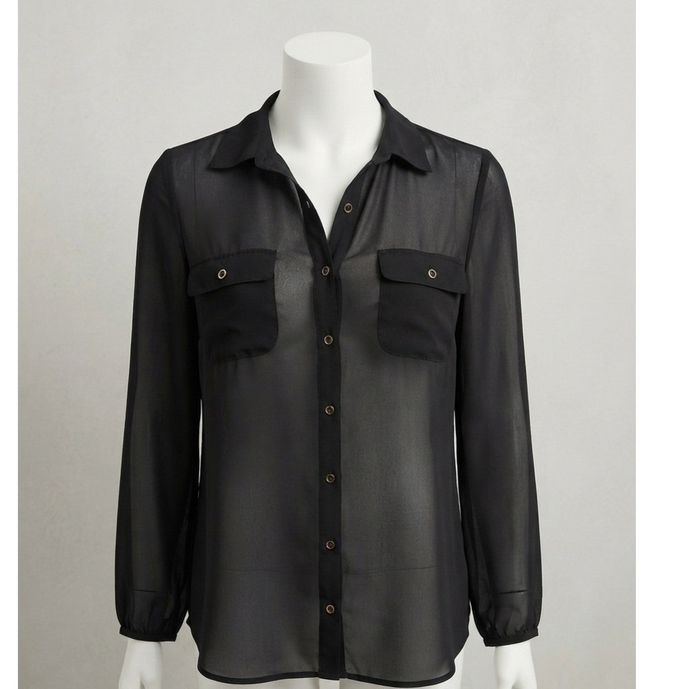 Avenue Studio Black Sheer Chiffon Button Down Blouse Long Sleeve Pocket 14/16 XL